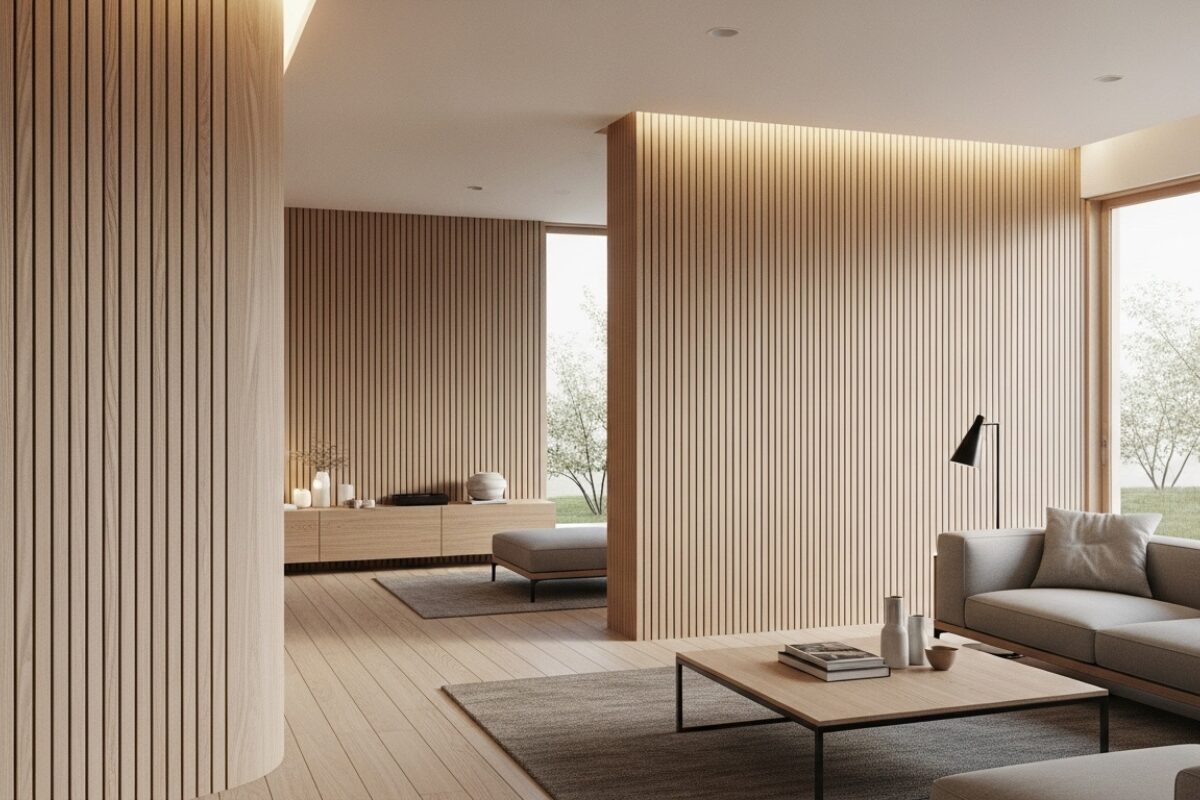 壁に小幅風羽目板を使用した内装（イメージはAI生成によるものです）