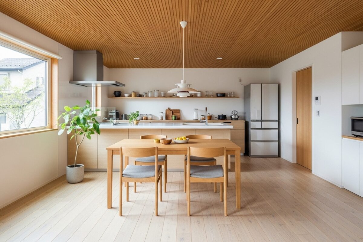 天井に小幅風羽目板を使用したダイニングキッチン（イメージはAI生成によるものです）