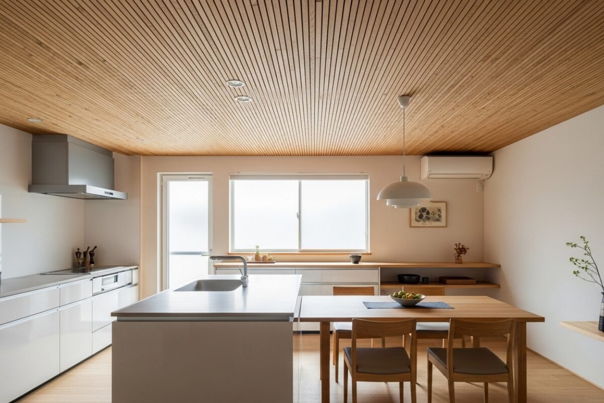 天井に小幅風羽目板を使用したダイニングキッチンのAI画像